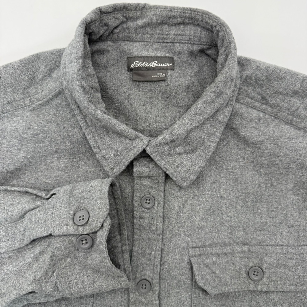 Eddie Bauer Flannel Shirt Mens Large Grey Long Sleeve Cotton Button Down Pocket